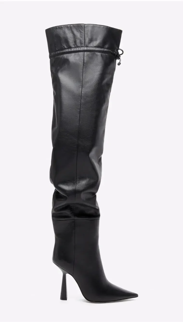 Good American Carla Over The Knee OTK Boots 7.5 Black Slouchy Thigh High Heel